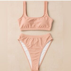 Peach Pink Bikini Set Medium High Waisted Swimsuit Two Piece Minimalist Sporty